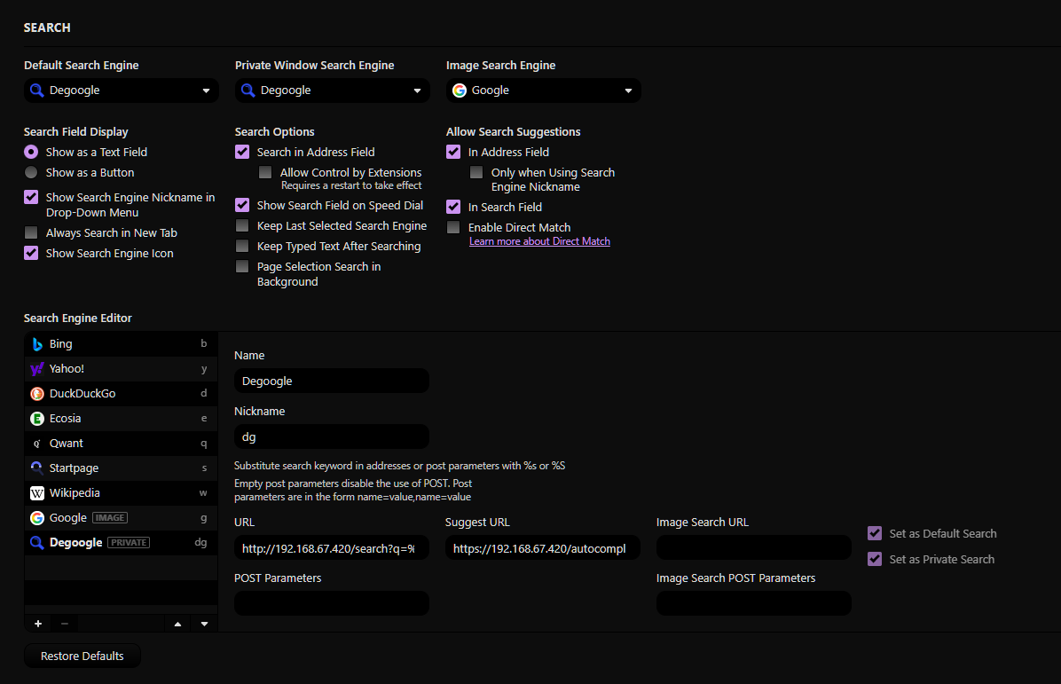 A screenshot of vivaldi search settings